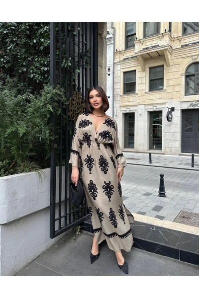 URİS فستان نسائي صيفي طويل بفتحة كاكي وأكمام خفاش وياقة مزدوجة الصدر