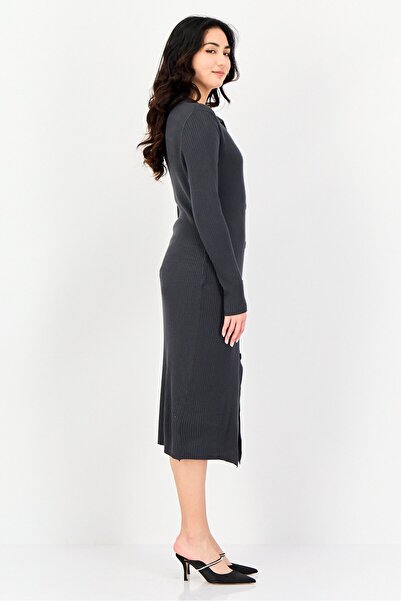 Threadbare Women Ribbed Long Sleeve Midi Dress, Charcoal