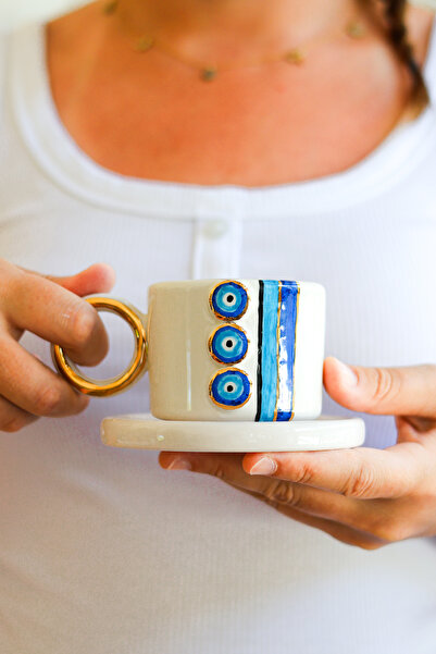 Özce Art Ceramic Atelier 170 ml Evil Eye Cup and Saucer with Three Ball 24K Gold Detail