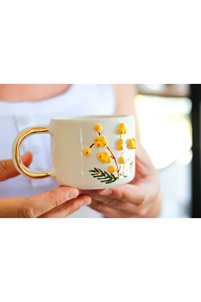 Özce Art Ceramic Atelier Handmade Mug with Mimosa Pattern and 24K Gold Detail