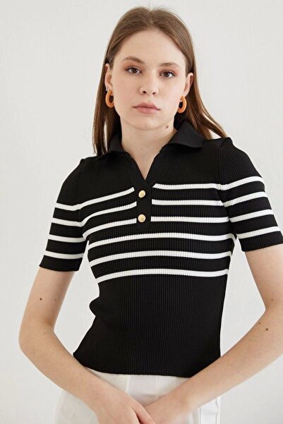 URİS Women's Black Polo Collar Striped Thin Knitwear Blouse