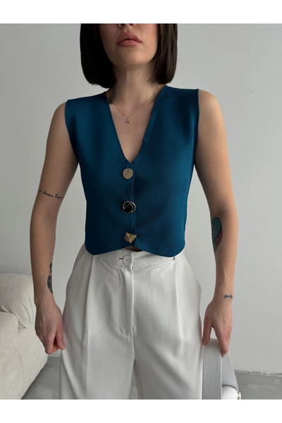 URİS Vestă de tricotaj din țesătură de vară, albastru bleumarin, cu decolteu ...