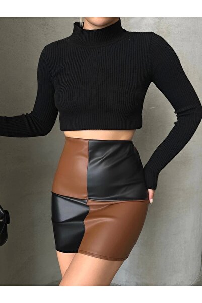 Alfanora Checkered Leather Skirt Black Coffee W24648