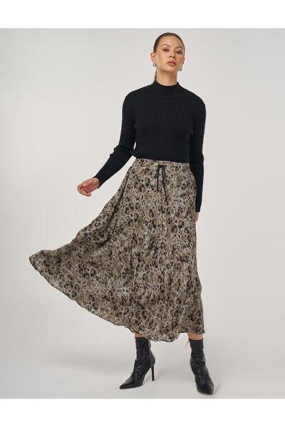 Kayra Leopard Patterned Pleated Skirt Khaki