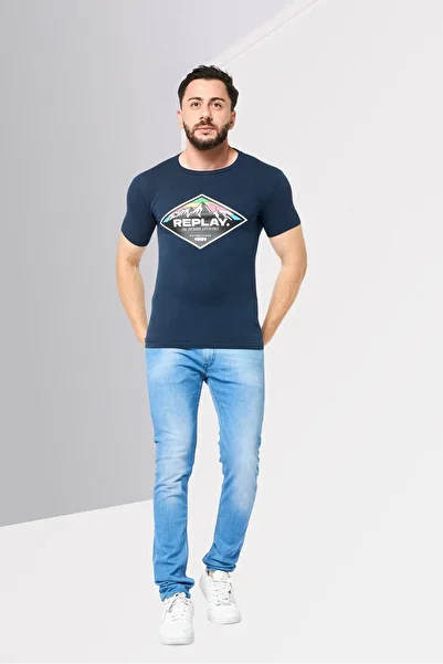 Replay Men Crew Neck Short Sleeve Graphic Print T-Shirt, Navy