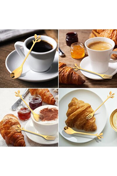 erorex 12Pcs Stainless Steel Gold Leaf Coffee Spoon Cake Fruit Forks, Tableware Dessert Demitasse Ice