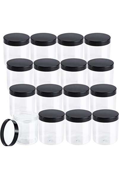 erorex 16 Pack 17 Oz Clear Plastic Jars Black Lids, Leak Proof Round Food Safe Storage Containers Kitchen