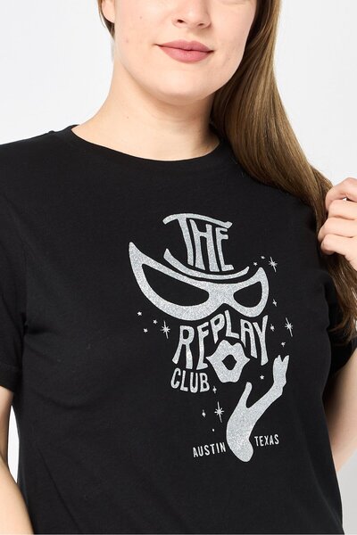 Replay Women Crew Neck Short Sleeves Brand Logo T-Shirt, Black