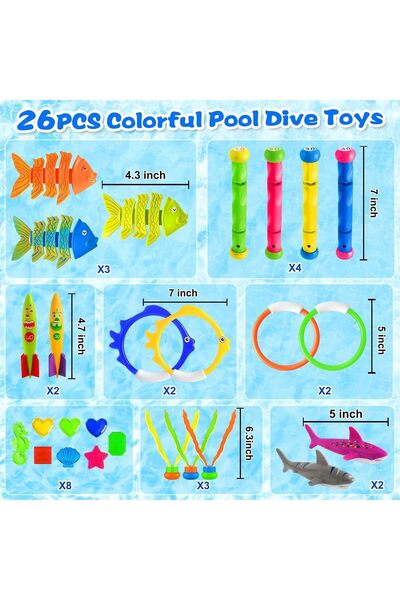 erorex 26 Pcs Diving Pool Toys Kids Ages 4 8 Summer Beach Toys Set Dive Throw Toy Pool Beach Bathroom Party