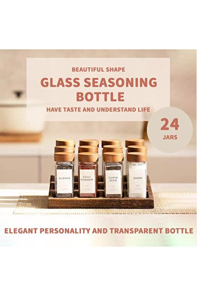 erorex 24Pack Square Glass Spice Jars Printed Spice Labels 4Oz Seasoning Containers Wooden Lids 120Ml