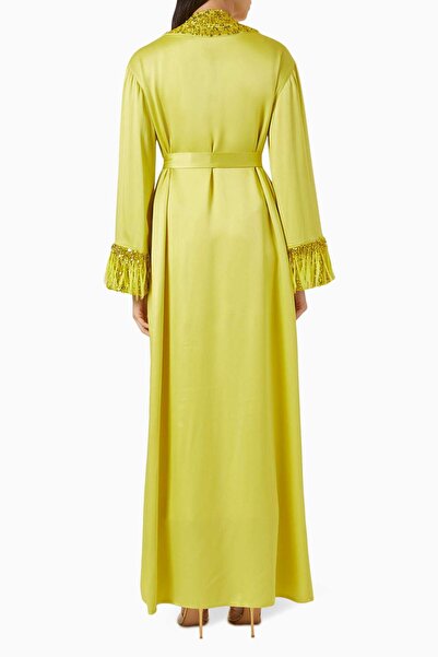 Elisabetta Franchi Şık İpek Kaftan Elbise Dantel İşlemeli Uzun Kollu ve Metal Kemerli Tasarım