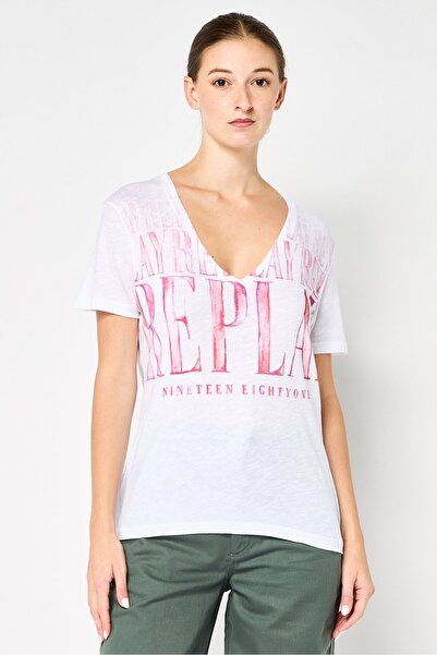 Replay Women V Neck Short Sleeve Graphic Print Top, White