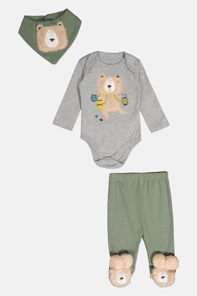 Lily & Jack Toddlers Boy 3 Pieces Textures Bodysuit With Pants And Bib Set, Grey