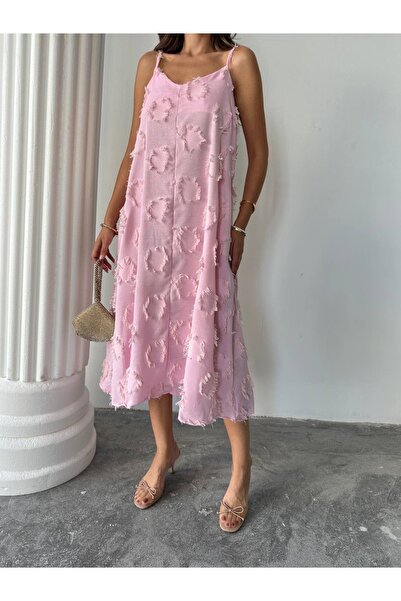 MATTİ MODA Kadın Püskül Detaylı Pembe Salaş Elbise