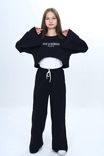 Asortix Girls' 100% Cotton 3 Piece Tracksuit Set – Modern Crop Top, Wide Sleeve, Sports Combination-182