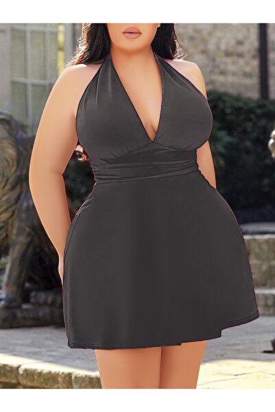 Vip Marketim Secretsita Plus Size Anthracite Halter Mini Nightgown