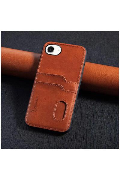 Zebana Apple iPhone 16E Compatible Case Luxury Leather Case with Card Holder Brown
