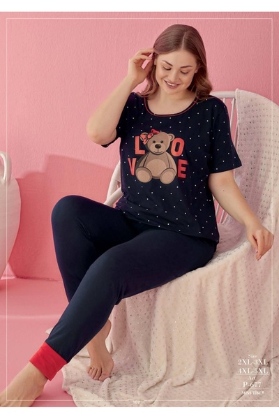 civetta Secretsita Large Size Cotton Love Bear Teddy Bear Pattern Navy Blue Short Sleeve Pajama Set