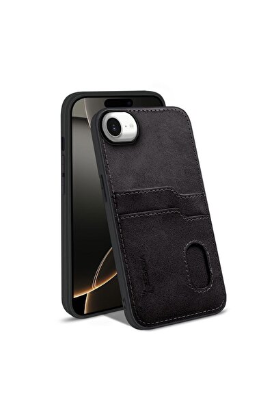 Zebana Apple iPhone 16E Compatible Case Luxury Leather Case with Card Holder Black