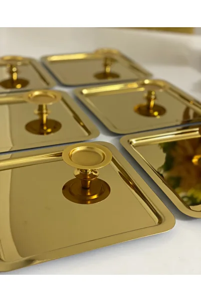 SEVA ÇELİK 2 Models 6-Piece Gold Square Tray and 6-Piece Gold Macaron Holder