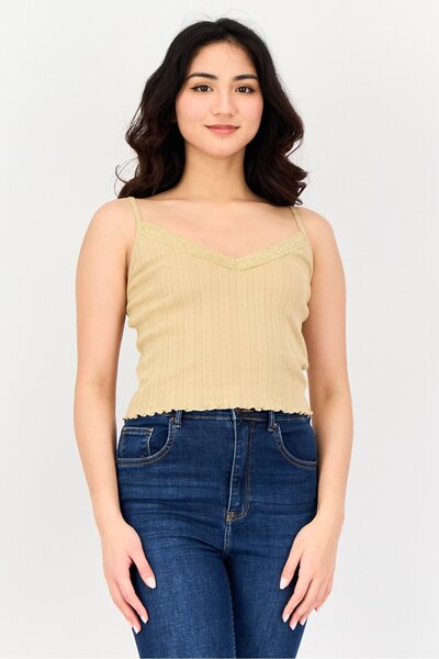 Don't Call Me Jennyfer Women V Neck Sleeveless Textured Crop Top, Tan