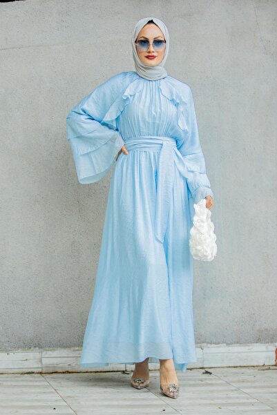 Tesettür Çarşım Risey Fırfırlı Relax Elbise-Mavi