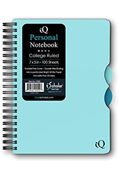 ischolar iQ Personal Poly Cover Double Wire Notebook, College Ruled - 100 Sheets, Cover Color May Vary
