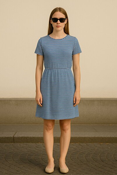 Re-clo Thea Dress, 100% Ecovero Viscose Striped Short Sleeve Dress