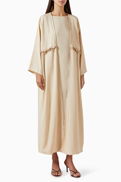 Beige Collection Three Piece Abaya and Dress Set with Bead Detailing Comforta...