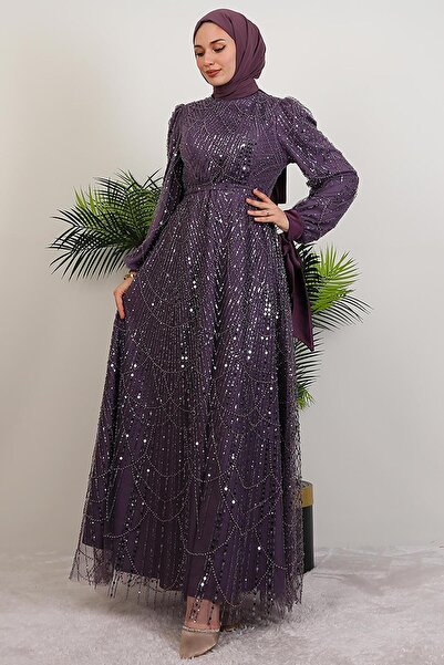 GİYZAMİLA Βραδινό φόρεμα με σατέν μανίκια σε σκούρο λιλά