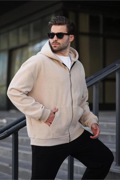 Madmext Beige Hooded Men's Fleece Cardigan E7168