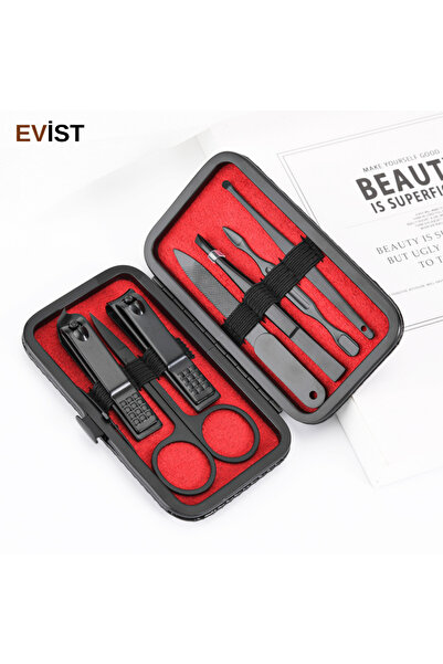 EVİST إيفيست - 7 قطع ولون أسود) مجموعة مانيكير وباديكير (موديل محفظة سوداء مع...