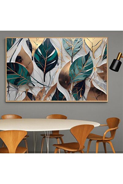 SND لوحة قماشية مودرن بتصميم أوراق شجر مع برواز ذهبي مجوف