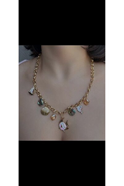 Aylish Bijuteri Gold Stone Shell Set Necklace-Bracelet