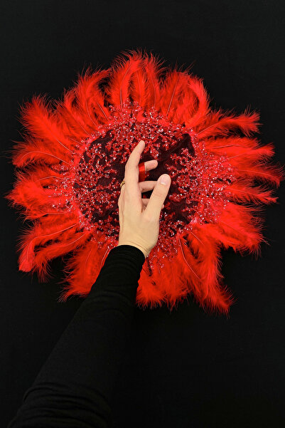 ZEYMERADE منديل العروس الأحمر، مزين بالخرز الزجاجي والريش، مناسب لحفلات الزفا...