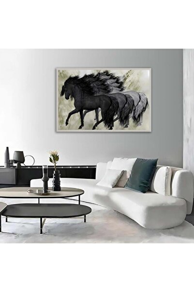 4gdran لوحة قماشية بتصميم خيول عربية مع برواز فضي مجوف