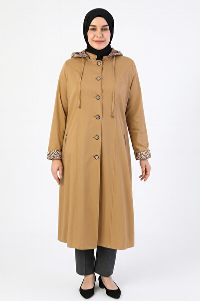 Doque Camel Uzun Ferace - Kapüşonlu Kap Kadın Günlük Dış Giyim
