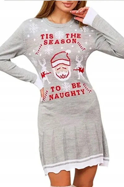 Welike Knitted Christmas Themed Dress Gray Santa