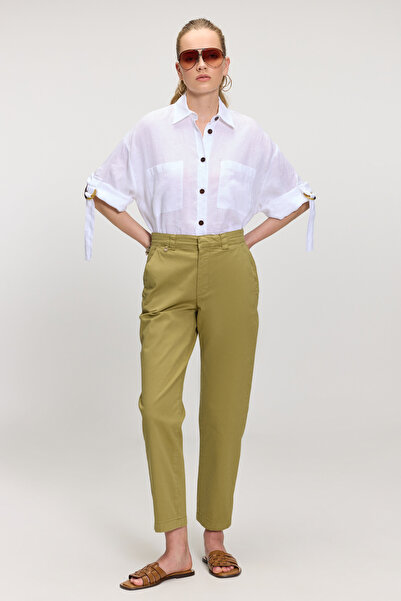 BROOKS BROTHERS Kadın Haki Dikme Logo Detaylı Basic Duble Paça Pantolon