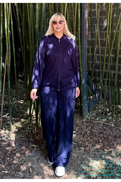 LİKRA Дамски комплект от две части с висока яка, цип и кристали от ликра, голям размер