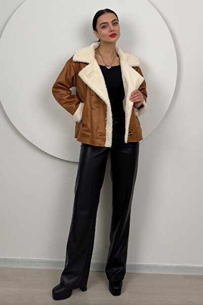 Dolcha Aurelia Kadın Kürklü Rahat Oversize Peluş Taba Kaban – Şık ve Konforlu