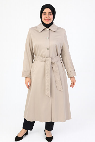 Doque Kadın Taş Gri Kemerli Uzun Kap - Şık Düğmeli Tesettür Dış Giyim