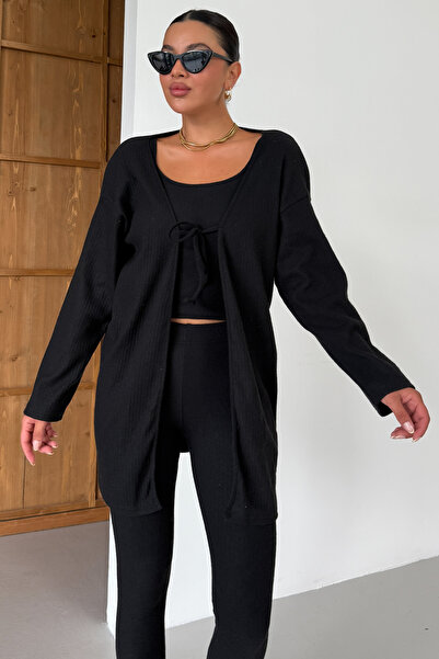 MODAGEN Women's Black Strappy Tank Top with Cardigan and Bottom-Top Leggings Interlock Set