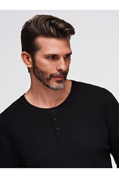 OMBRE Herren Rippenpullover mit Knöpfen am Halsausschnitt - schwarz V2 OM-SWSW-0182 M