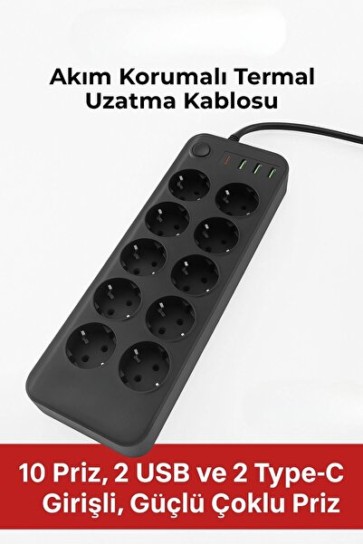 Buffer 1.BUFFER® Akım Korumalı Termal Uzatma Kablosu – 10 Priz, 2 USB ve 2 Type-C Girişli, Güçlü Çoklu Priz