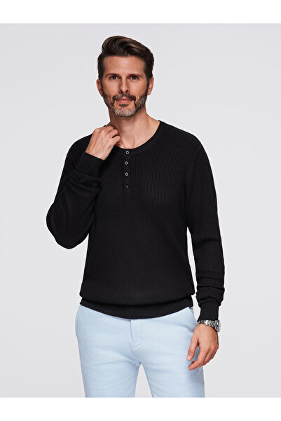 OMBRE Herren Rippenpullover mit Knöpfen am Halsausschnitt - schwarz V2 OM-SWSW-0182 M