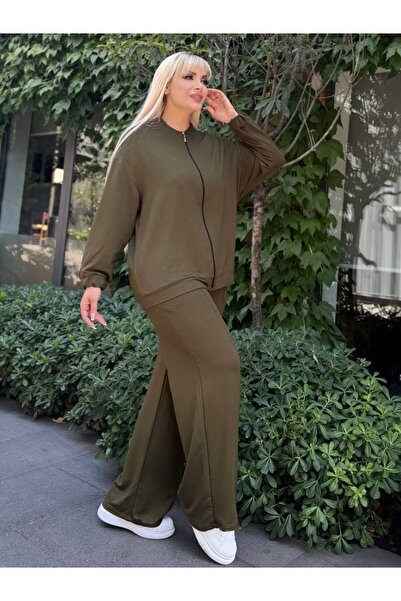 LİKRA Women's Plus Size Judge Collar Zippered Lycra Crystal Two Thread Suit