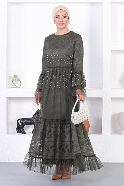 Missvalle Βραδινό φόρεμα με μανίκια με δαντέλα με πέρλες Χακί 12213