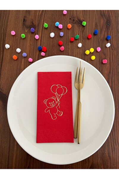 kidspartim مناديل مطوية مطبوعة على شكل دب أحمر لطيف مطلية بالذهب، 16 قطعة