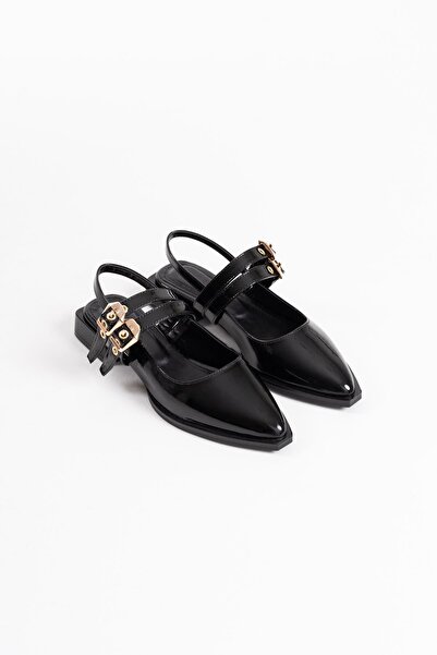AuroraStore Blues Black Patent Leather Belt Detailed Women's Heeled Shoes